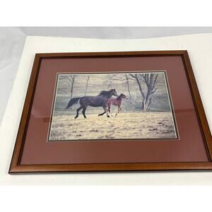 Vintage 1990s Framed Horses Galloping in Snow Print Double Matted